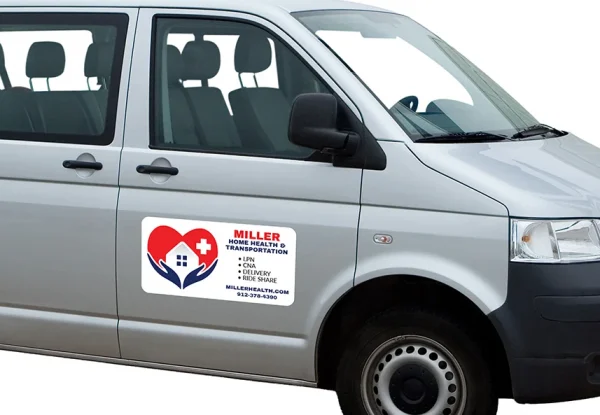 custom car magnet on silver van with miller home health branding